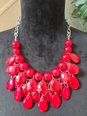 Silver Tone Red Faceted Beaded Teardrop Statement Necklace